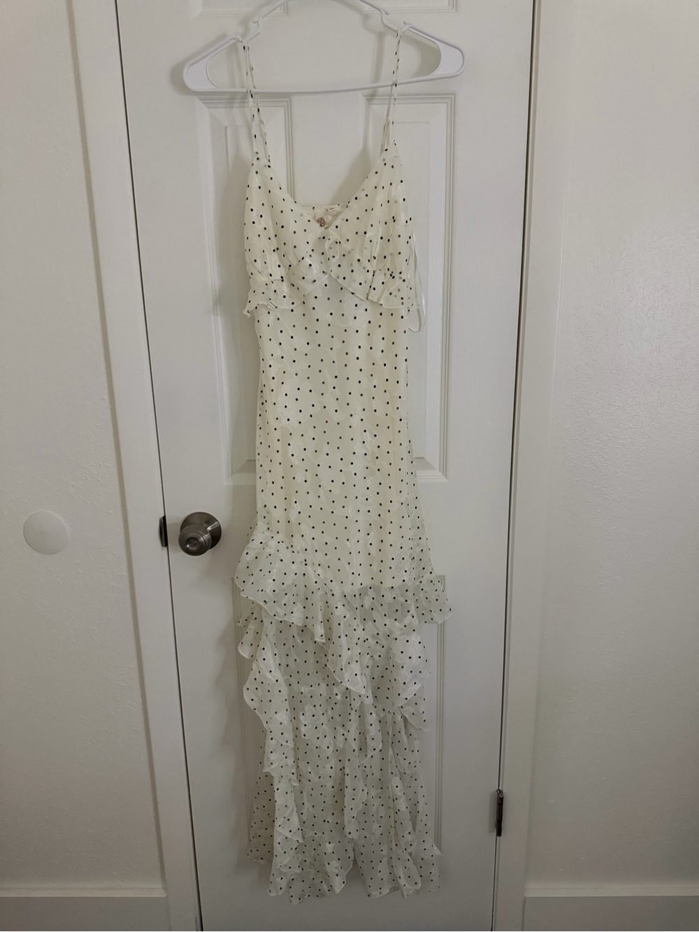 White Polka Dot Ruffle High-Low Slip Dress
